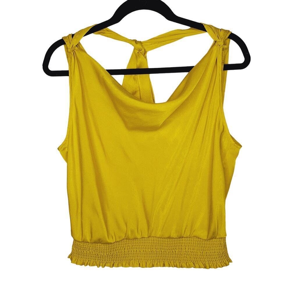 Anthropologie Maeve Alida Satin Cowl Neck Top Chartreuse 8 Draped Cropped Tie - Picture 2 of 11
